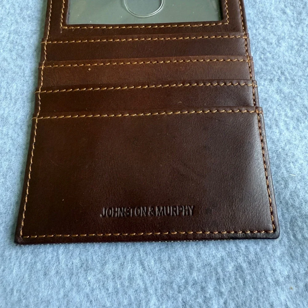 Johnston &‎ Murphy Leather Card Organizer Case Wallet ID Window Brown Minimalist